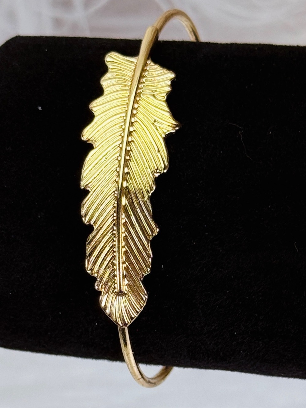 Gold Tone Feather Open Cuff Statement Bracelet